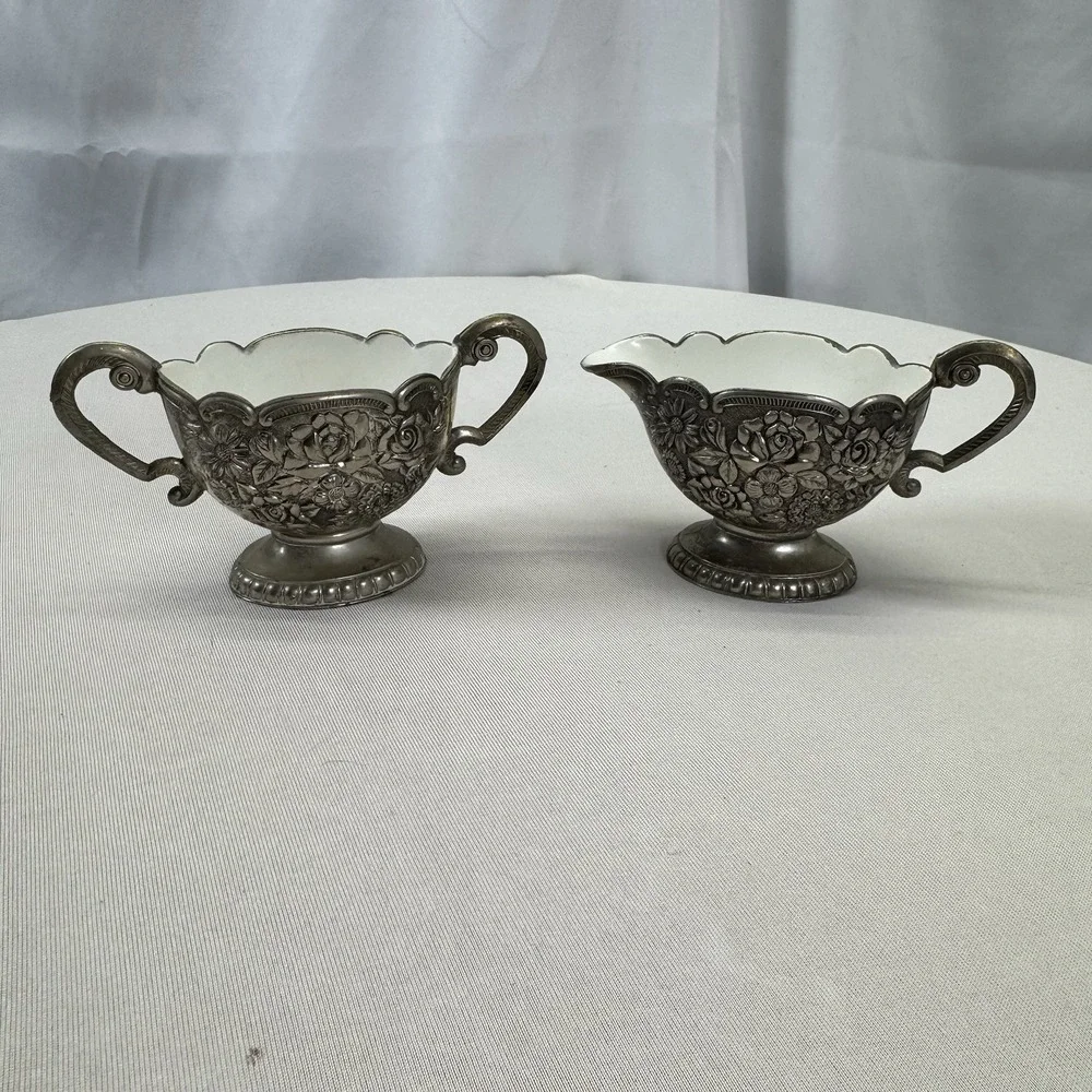 Silver Plated Creamer & Sugar Bowl White Enamel Interior Roses Floral Japan